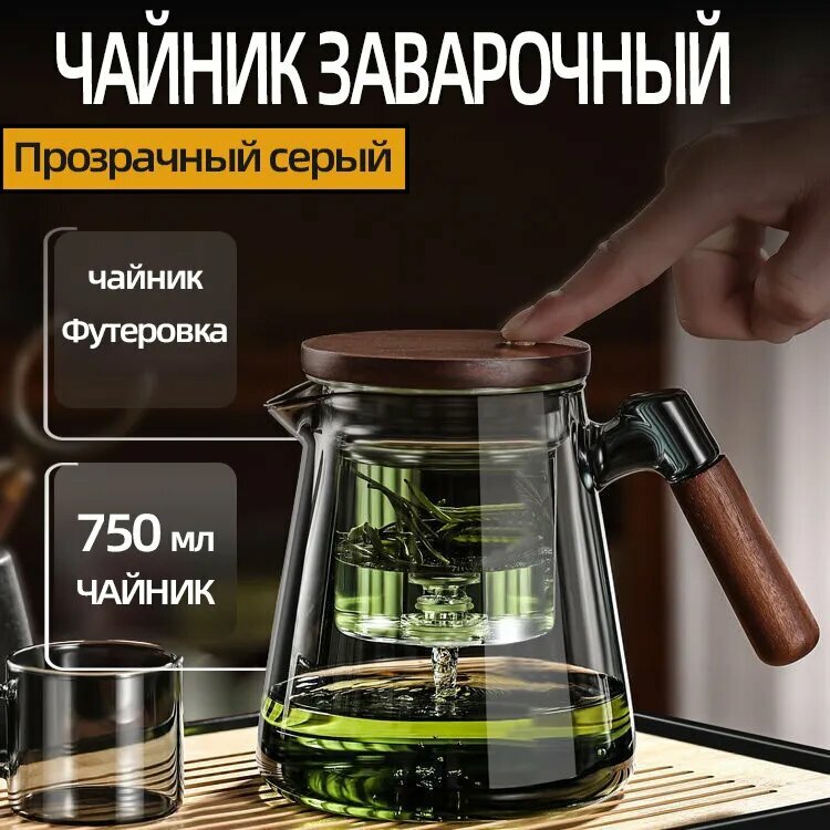 Чайник проливной BaoHai "Гунфу" Samadoyo, 750мл, с кнопкой, прозрачный/серый