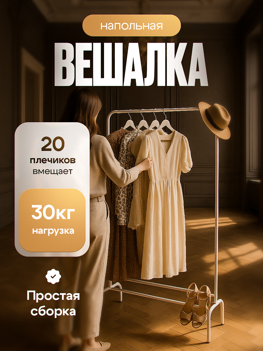 Вешалка напольная для одежды, металлическая стойка, рейл, белая