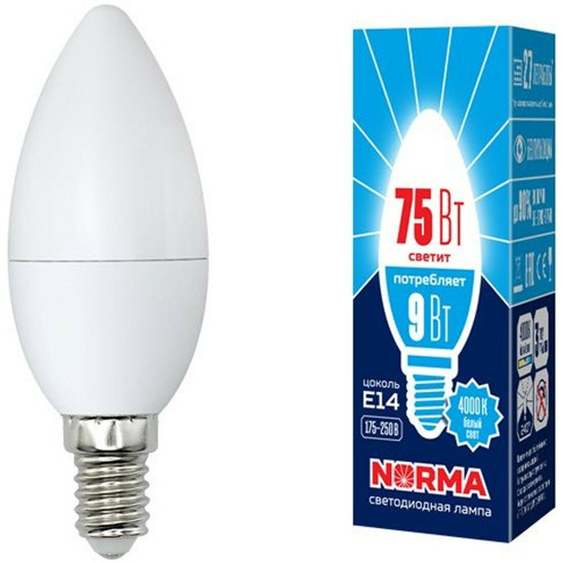 Лампа Volpe LED-C37-9W E14 750лм 9Вт 25000ч свеча светлый