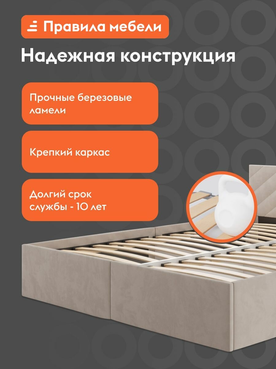 Двуспальная кровать Джос 140х200, с анатомическим основанием, с мягким изголовьем, Кремовый, велюр — фото 1