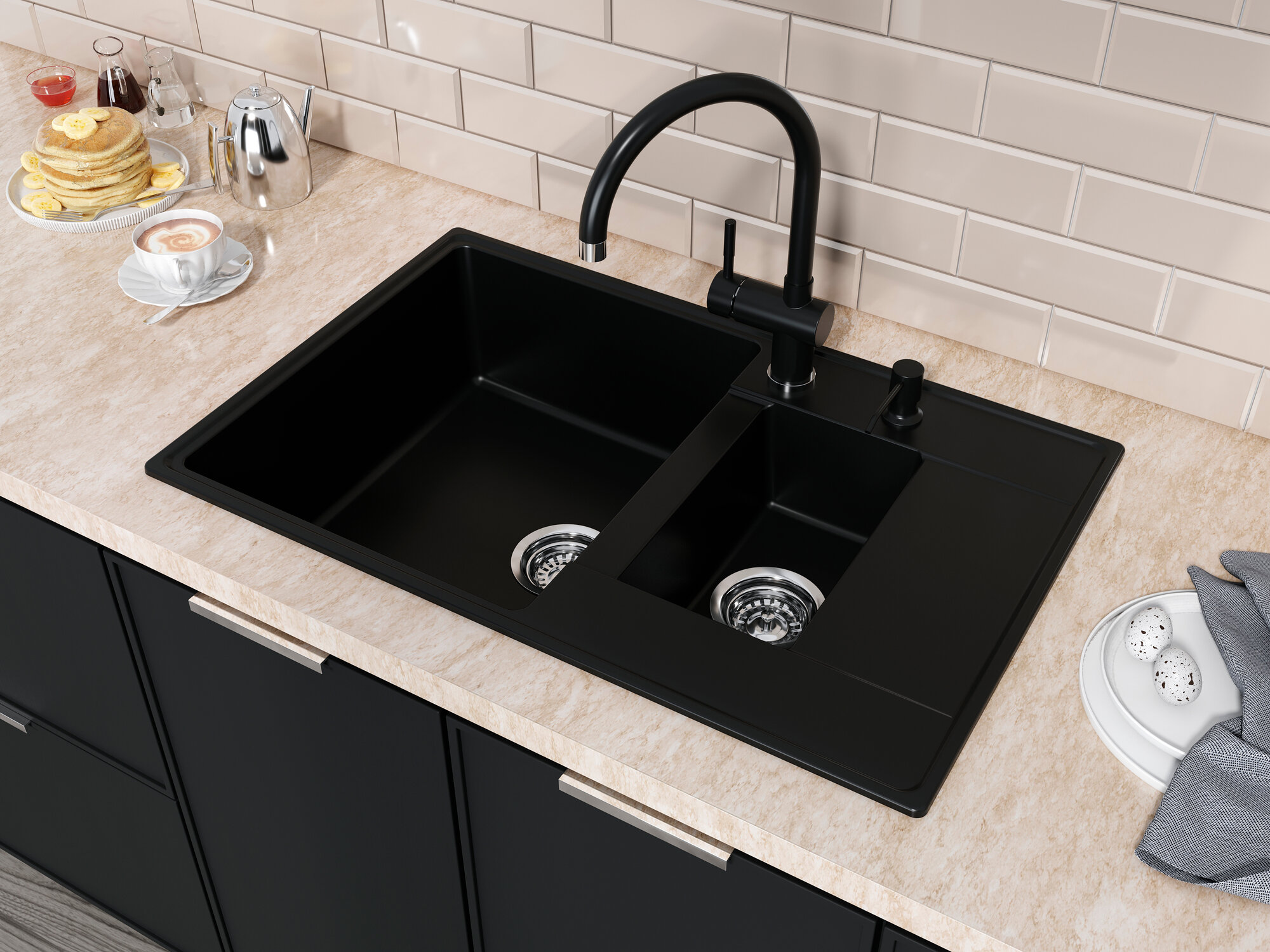 Двойная раковина для кухни накладая из кварца черная 780x500х200 мм Grandex Aqua TOPLINE 78F с сифоном и выпуском цвет черный карбон