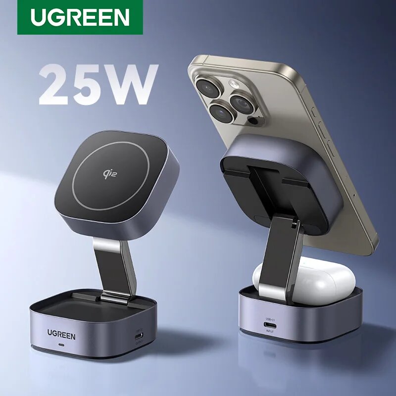 UGREEN Qi2 15 Вт Магнитная подставка для беспроводного зарядного устройства Подставка для зарядки 2-в-1 для iPhone 16 17 Pro Max/AirPods для быстрого зарядного устройства MagSafe, Qi — фото 1