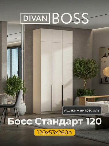 Изображение товара Шкаф распашной, BOSS STANDART, 120х53х260 см, 3х дверный с ящиками и антресолью, кашемир