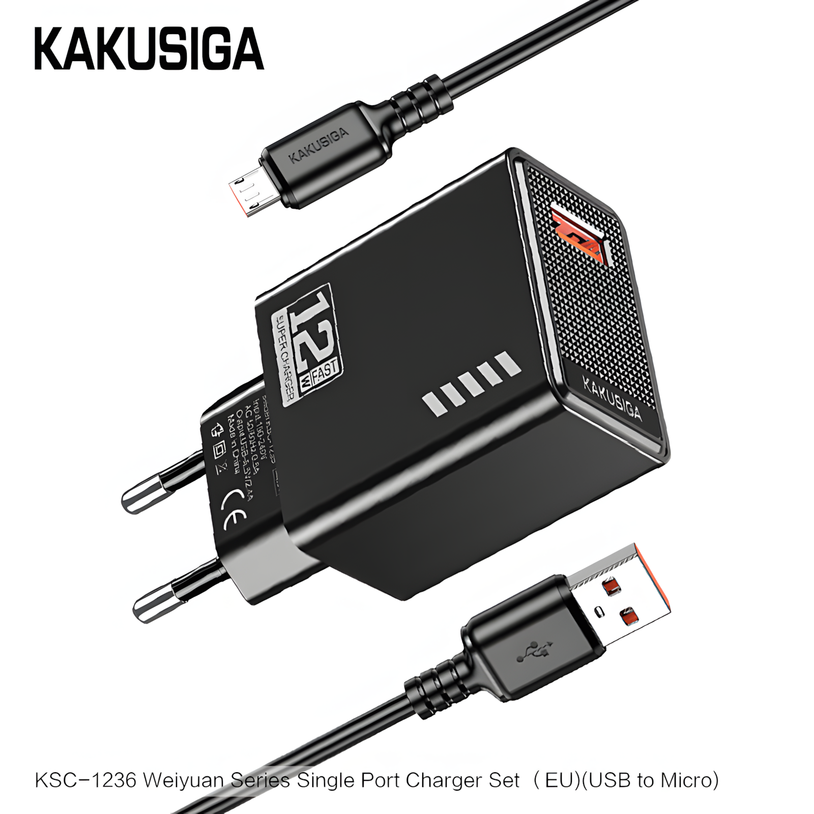 Сетевое зарядное устройство KAKUSIGA KSC-1236 V8, адаптер питания с Micro-USB кабелем, черный, для смартфонов