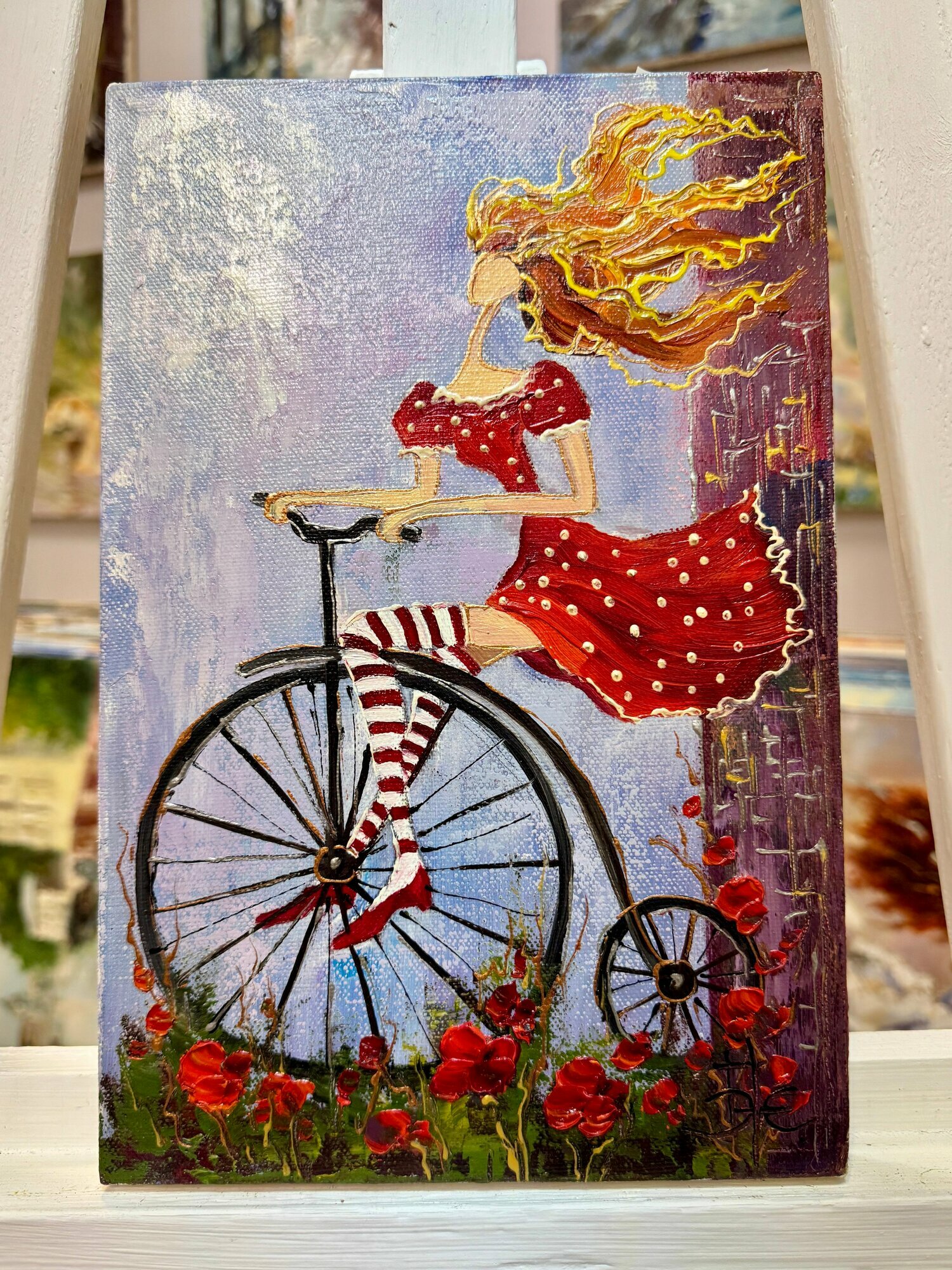 Картина маслом фактурная девушка на велосипеде 20х30 см. 100% ручная работа. Художественная мастерская Грёзы.