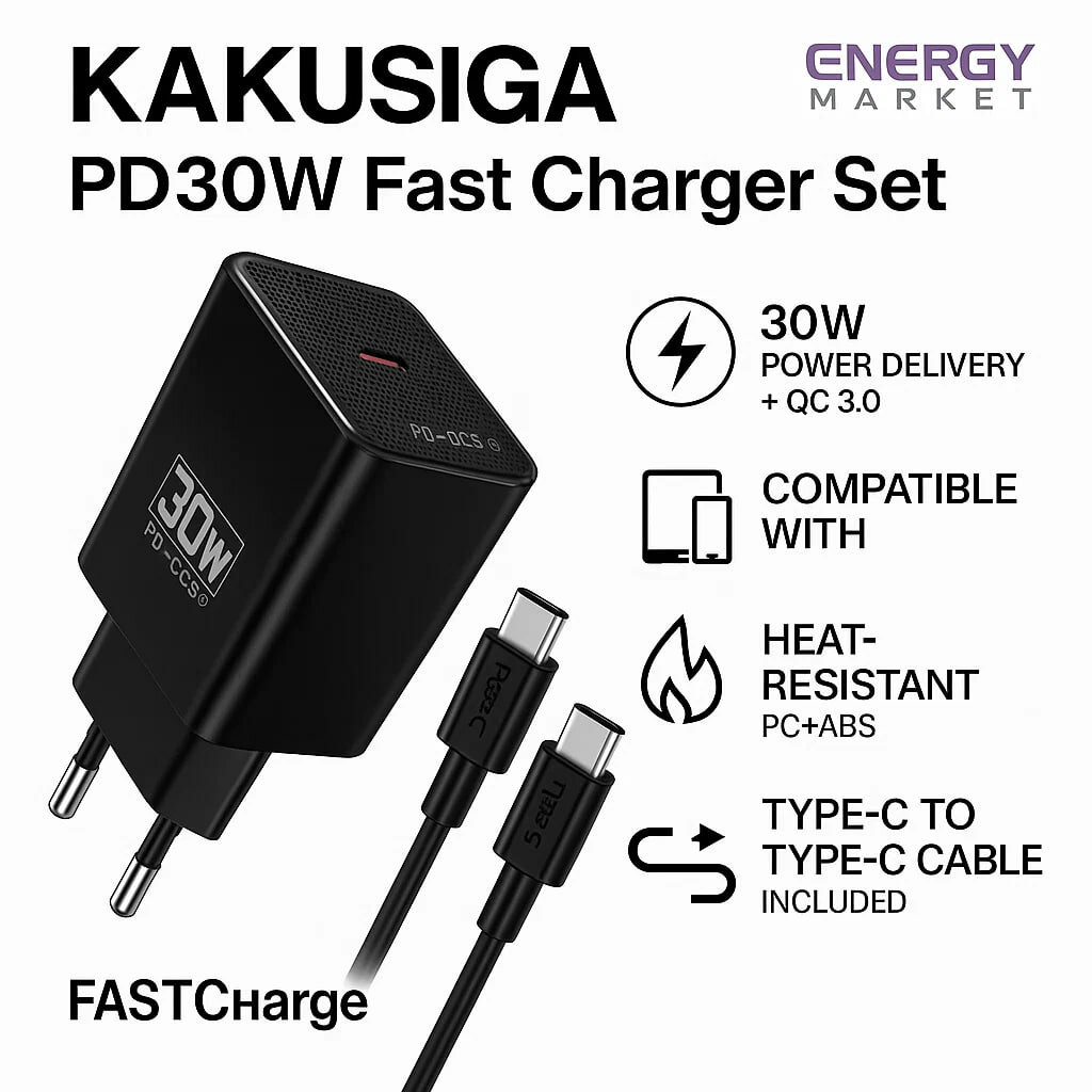 Кабель питания kakusiga PD30W, для быстрой зарядки, литой, черный — фото 1