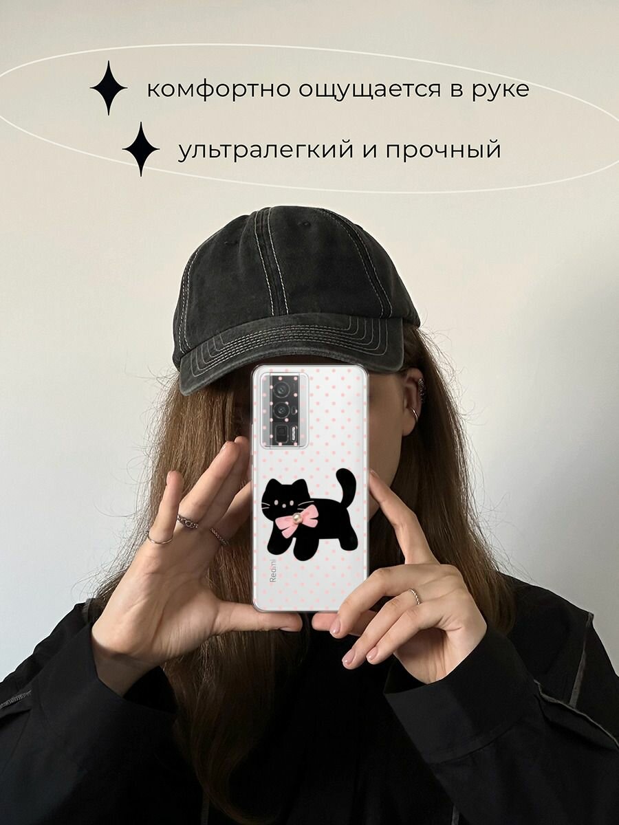 Чехол на Xiaomi Redmi K60/Poco F5 Pro / Редми К60/Поко F5 Pro с принтом Черный котик с бантом, прозрачный — фото 1