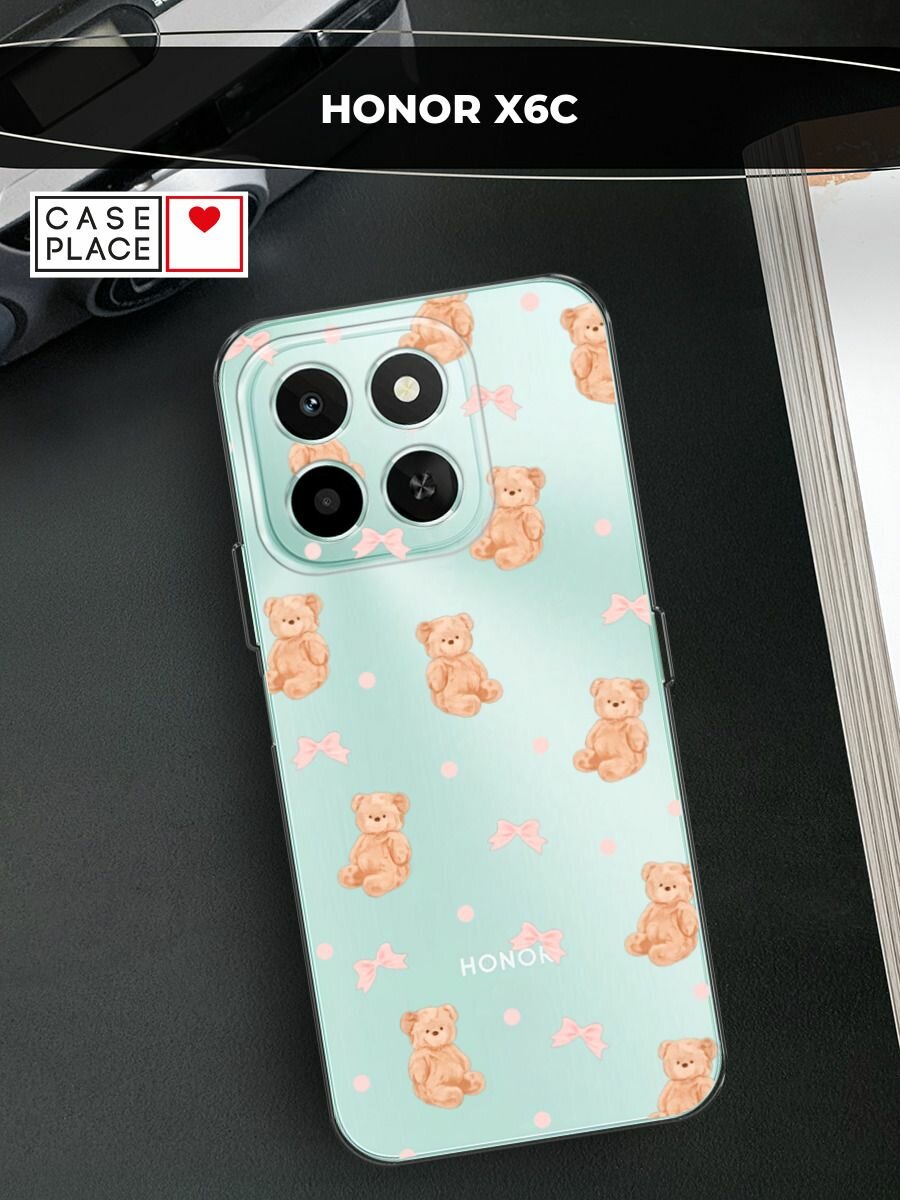 Чехол на Honor X6c / Хонор X6c с принтом Паттерн бежевые мишки, прозрачный