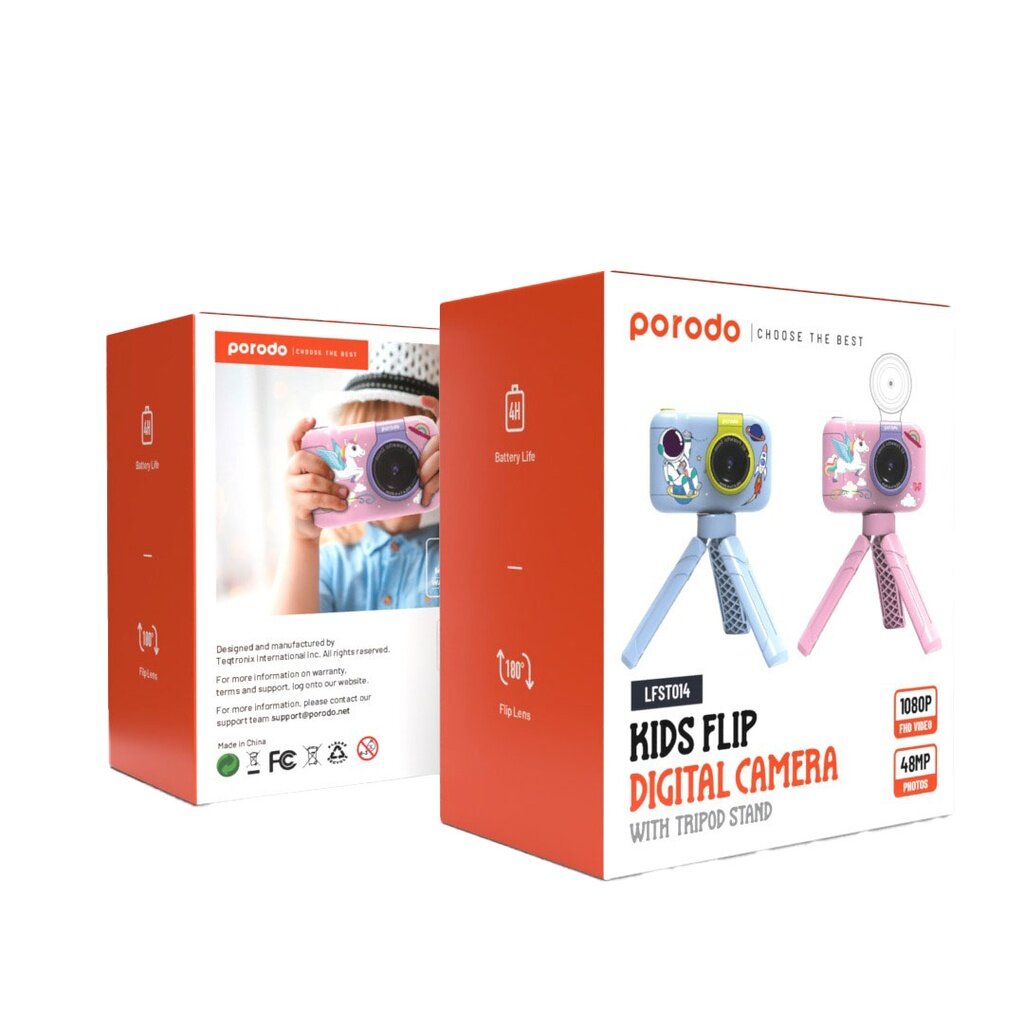 Детская камера Porodo Kids Flip, 48Мп, встроенная память, встроенный аккумулятор, 1000мАч