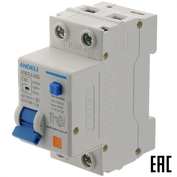 Диф авт выкл 1P+N 63А 30мА (тип AС) х-ка С 6кА ADL02-079 (ANDELI) ADB3LE-63D