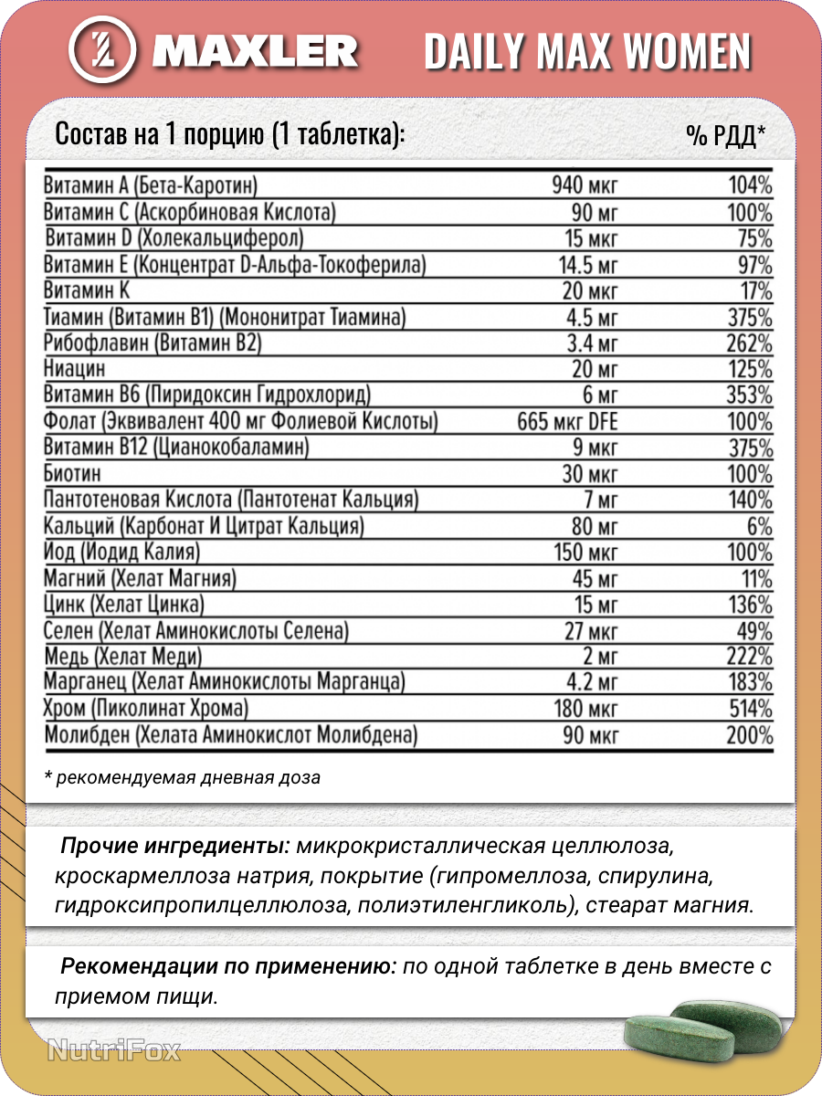 Изображение Витаминно-минеральный комплекс для женщин Maxler Daily Max Women, 120 таблеток