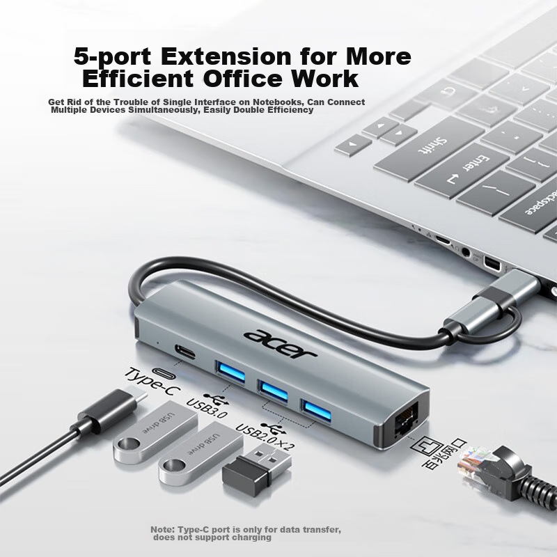 Acer Type-C/USB to Ethernet Expansion Dock Splitter HUB, Laptop Network Cable Adapter RJ45 Converter, Desktop Expansion Dock