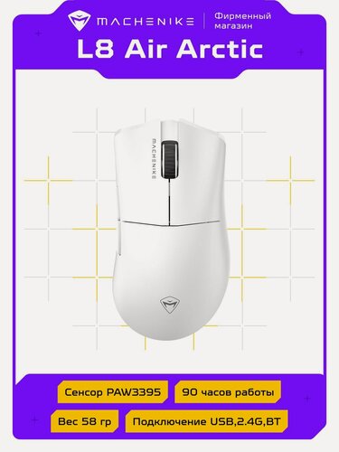 Изображение товара Игровая мышь Machenike L8 Air Arctic беспроводная оптическая, 5 кнопок, сенсор PAW3395, 1000 Гц, PTFE глайды, белый