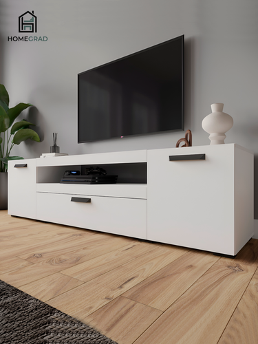 Изображение товара Тумба под телевизор с выдвижным ящиком и полками HomeGrad ТВ-8, Белая