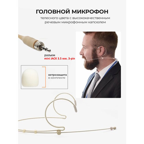 Головной микрофон для поясного передатчика NOIR-audio HS4 Jack 3.5 STEREO бежевого цвета с разъемом мини джек 3,5 мм. с гайкой стерео 3-pin