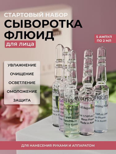 Изображение товара Matrigen Fluid Sample Pouch сыворотка - флюид для лица, шеи, декольте / стартовый набор для мезотерапии / мезороллера дермапен / 5 ампул х 2 мл