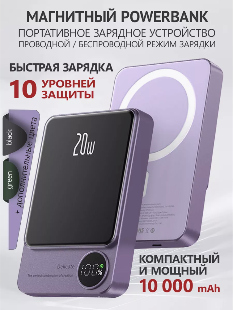 Внешний аккумулятор Power Bank, для iPhone 12, 20W, 10000mAh, MagSafe, черный
