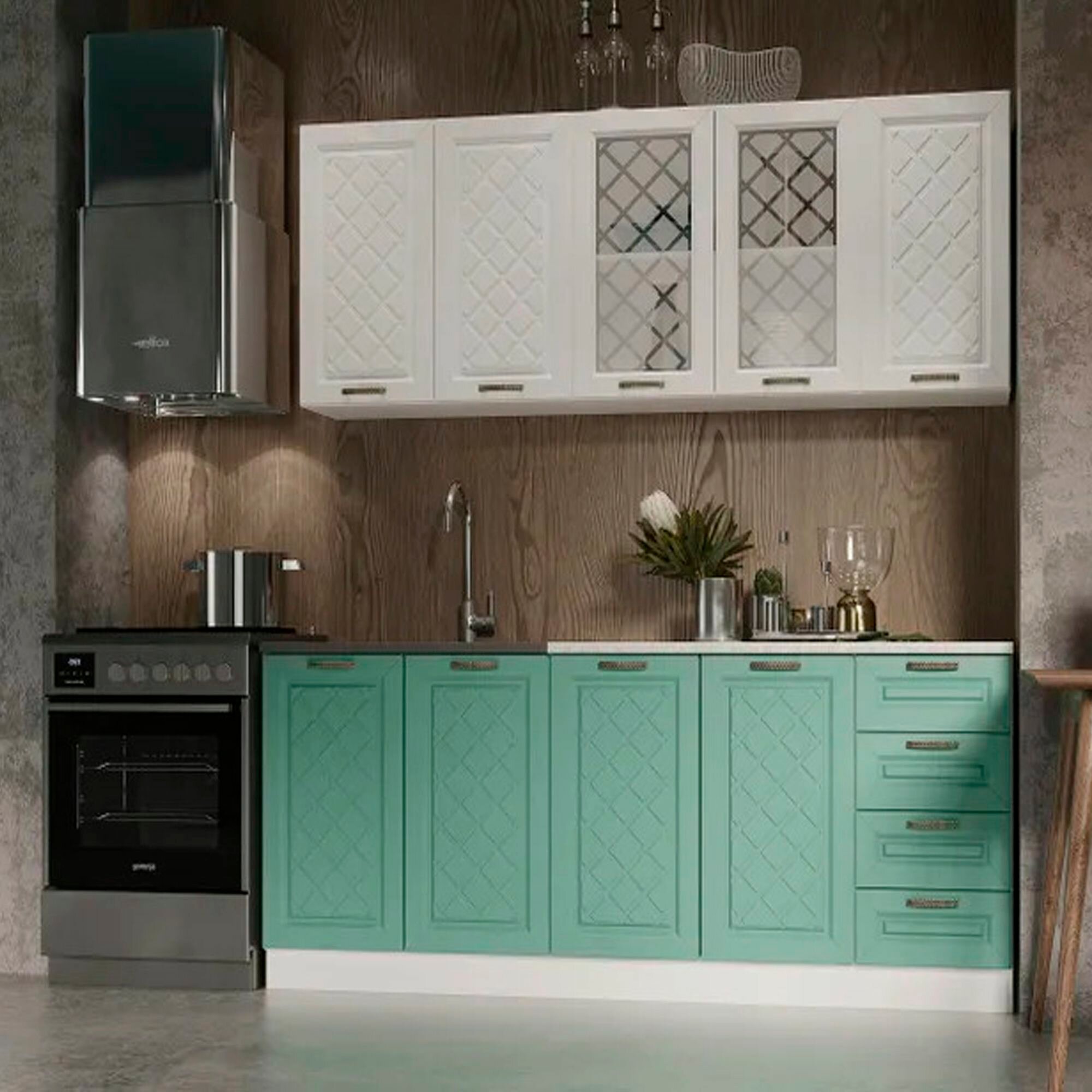 Кухня Агава 2000х600 Акация белая / Мята для кухни для дома с полками и выдвижными ящиками