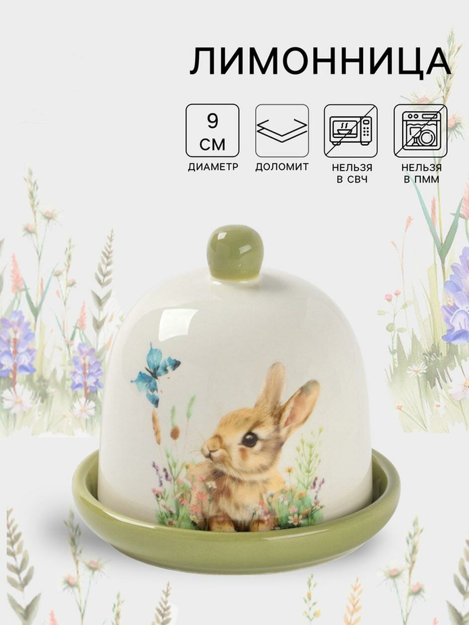 Лимонница Доляна «Зайка», доломит, 9×9 см, с крышкой, белый/зеленый