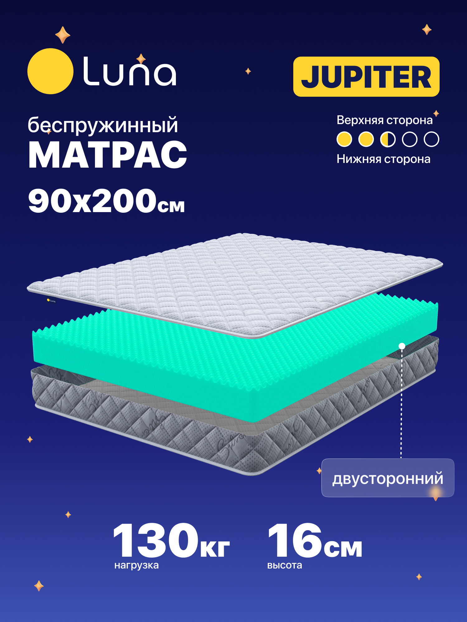 Матрас 90х200 ортопедический беспружинный Luna Jupiter высота 16 см