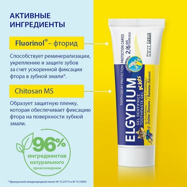 Картинки Зубная паста Pierre Fabre "Elgydium Tooth Decay Protection Kids Banana Flavour", для детей 2-6 лет, 50мл
