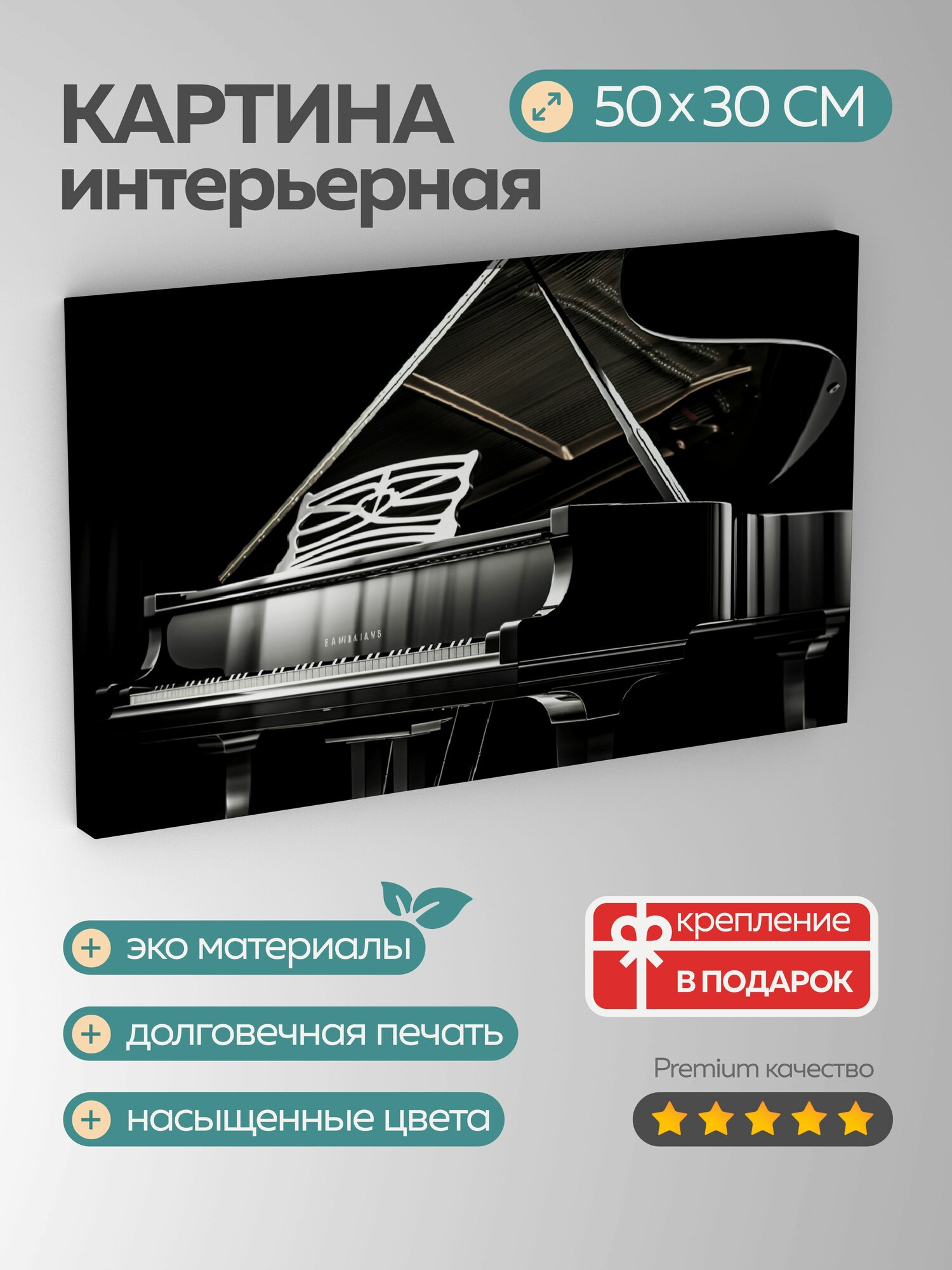Картина на холсте интерьерная 50х30 см, черно-белая фотография, рояль, клавиши, белые струны, элегантность