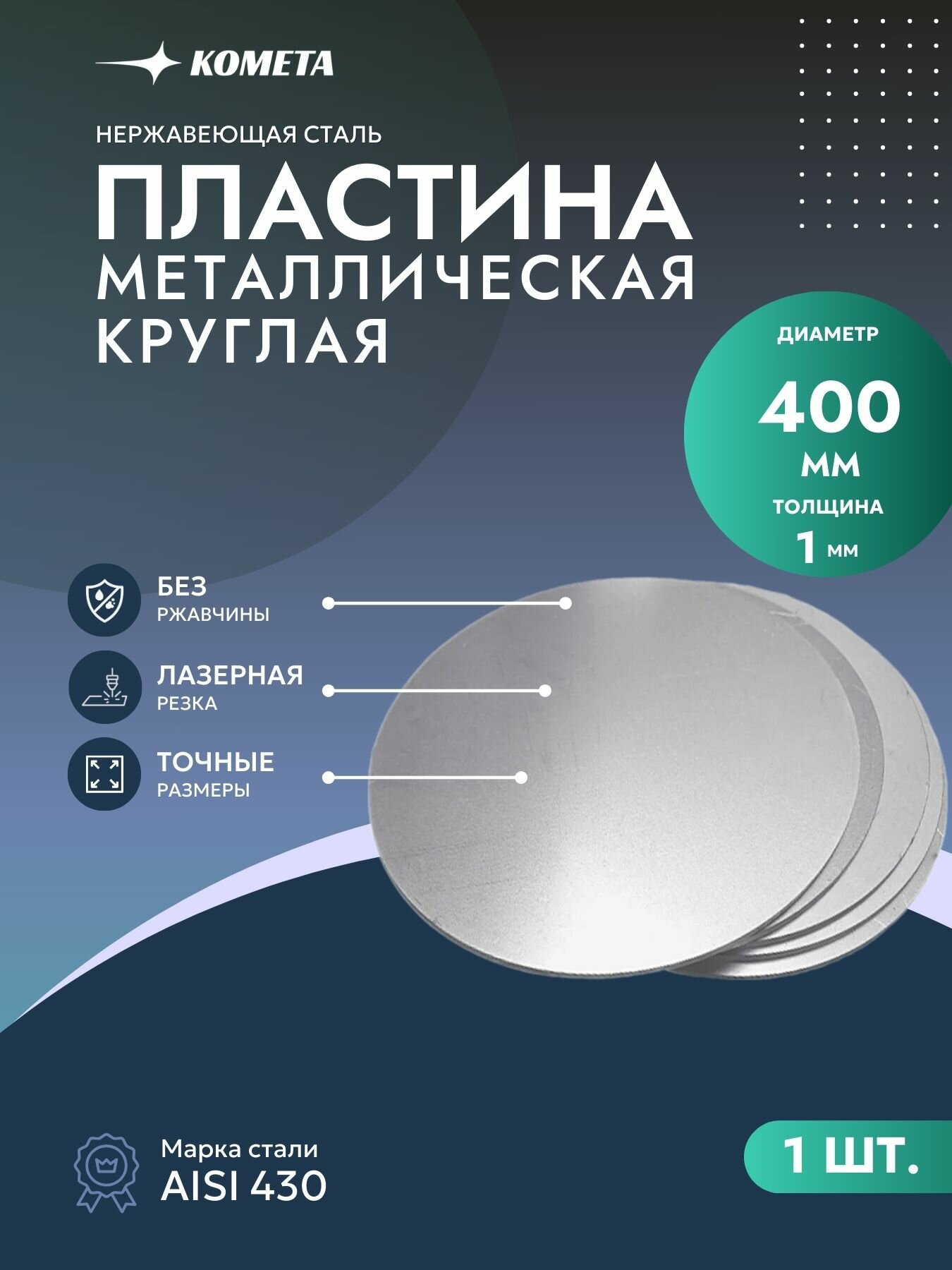 Лист металлический ПК-Комета AISI 430 нержавеющая сталь гладкий круглая Aisi 430 300х300х1 мм