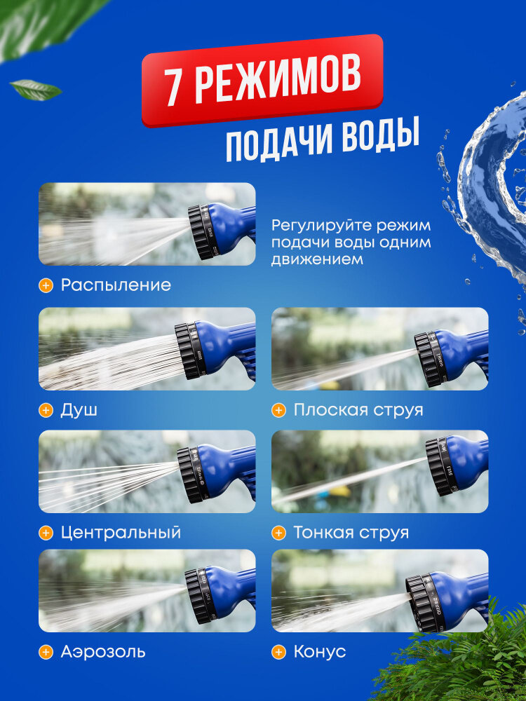 Шланг поливочный растягивающийся до 22 метров, синий, для полива, садовый с фитингами и распылителем — фото 1
