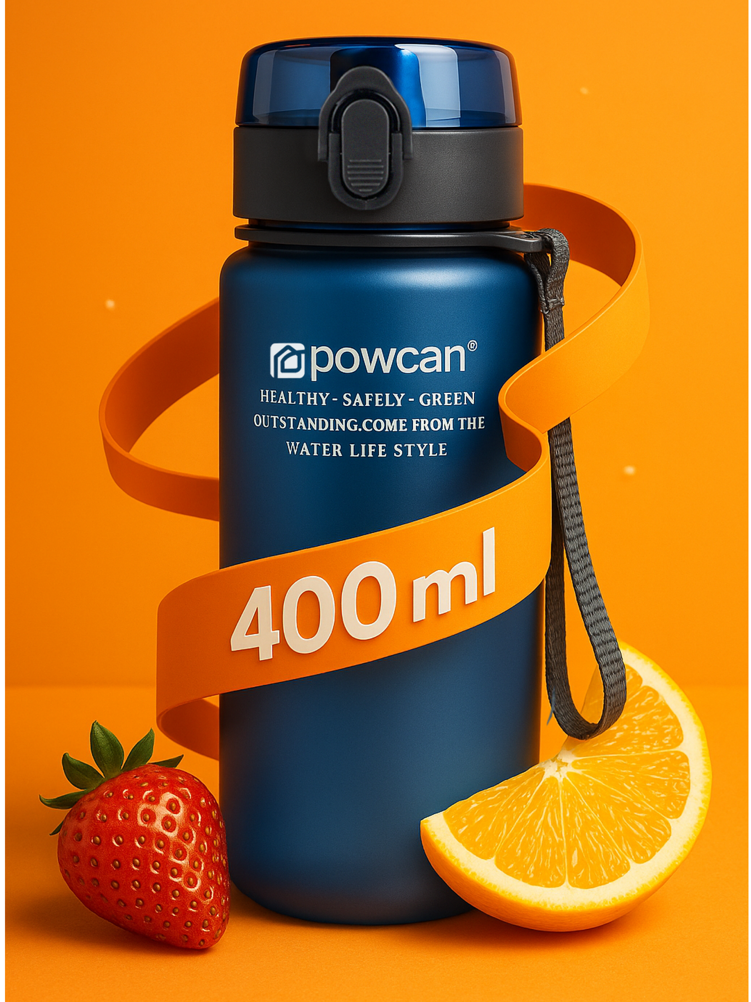 Бутылка для воды детская в школу спортивная POWCAN - темно-синяя, 400 мл, матовая, герметичная