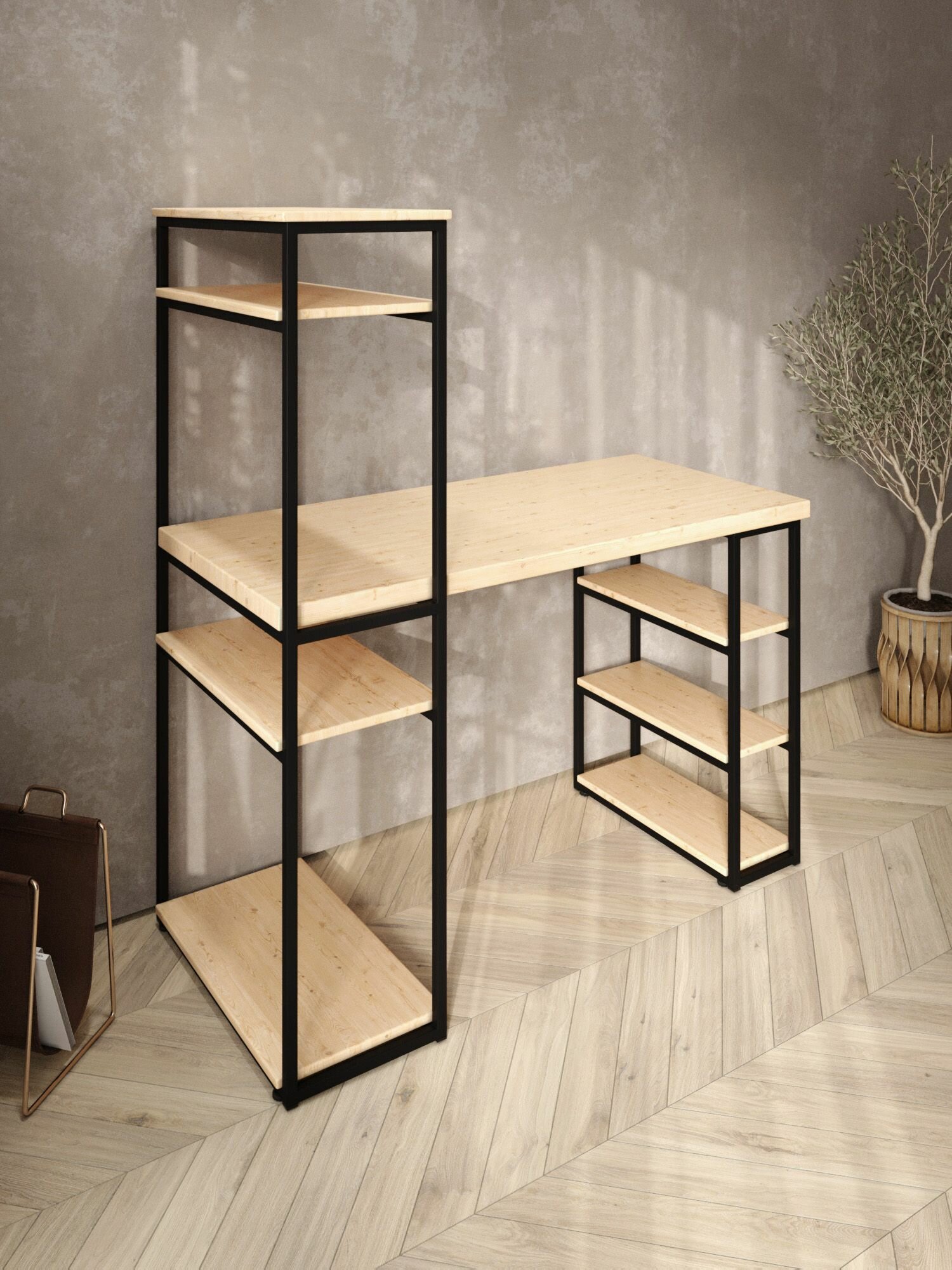 Стол стеллаж Loft письменный, компьютерный с полками и открытой тумбой, 110х60 см, без шлифовки и покраски с черным каркасом — фото 1