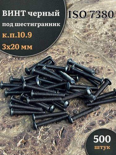 Изображение товара Винт чёрный 3х20 ISO 7380 под шестигранник к. п.10.9, 500 шт.