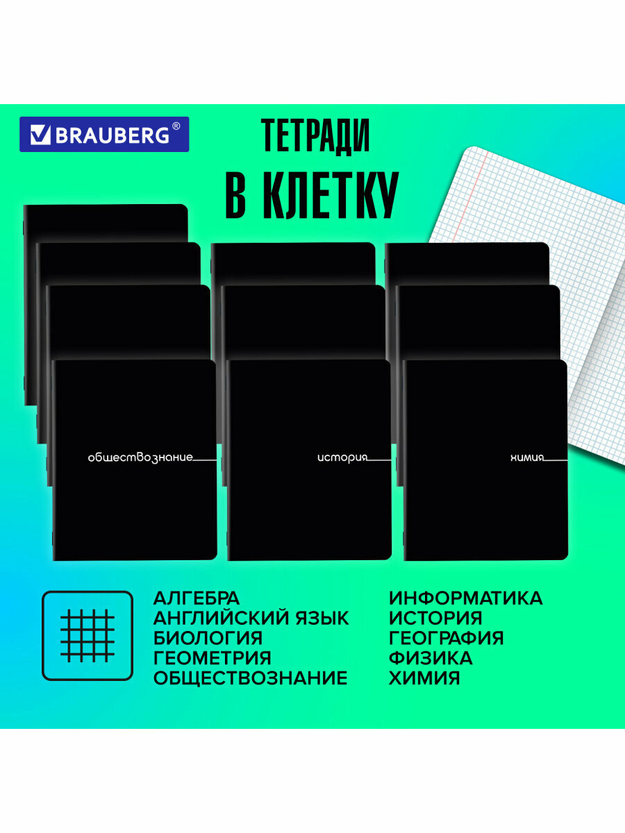 Предметные тетради 48 листов в клетку и линейку A5 набор 12 штук, обложка картон, Brauberg Black, 405164 — фото 1