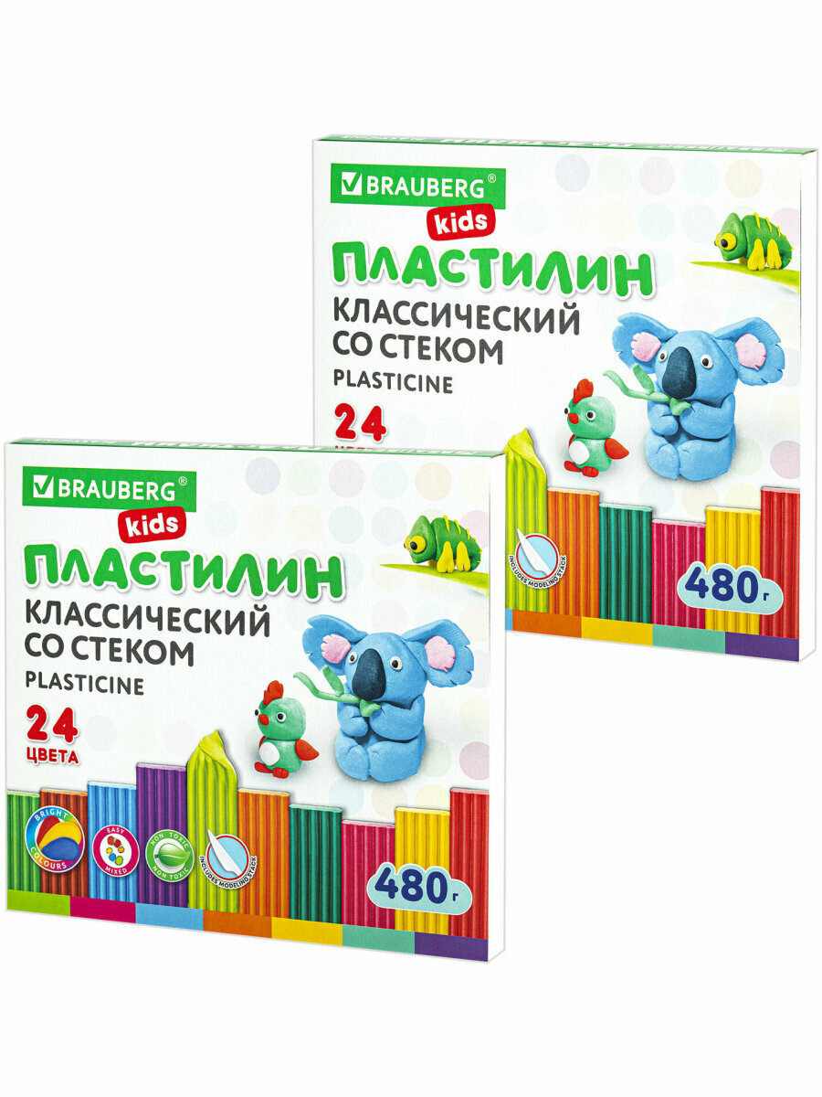 Пластилин классический выгодная упаковка, 2 набора по 24 цвета, 960 г, 2 стека, BRAUBERG, 880621 — фото 1
