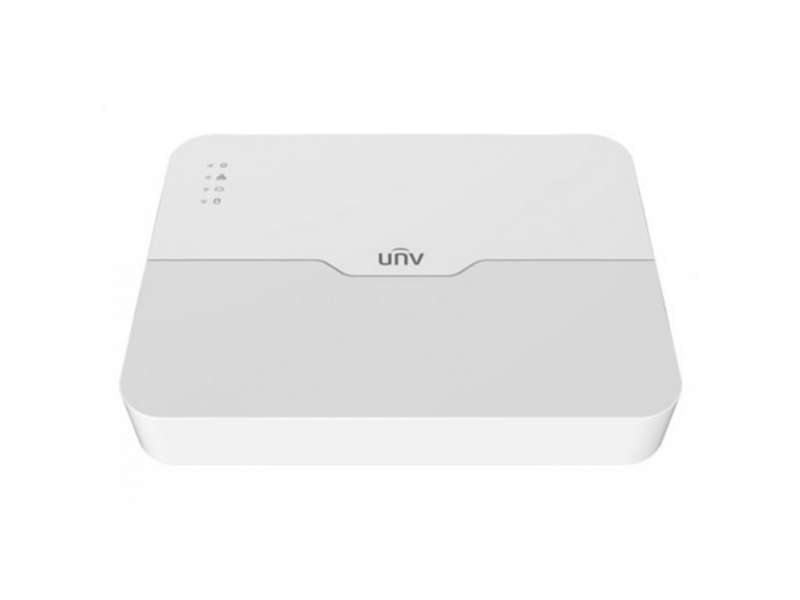 Uniview видеорегистратор IP 8-ми канальный 4K с 8 PoE портами; входящий поток на запись до 64мбит/с; поддерживаемые форматы сжатия: Ultra 265/H.265/H.264; запись: разрешение до 4K; HDD; 1 SATA3 до 6т