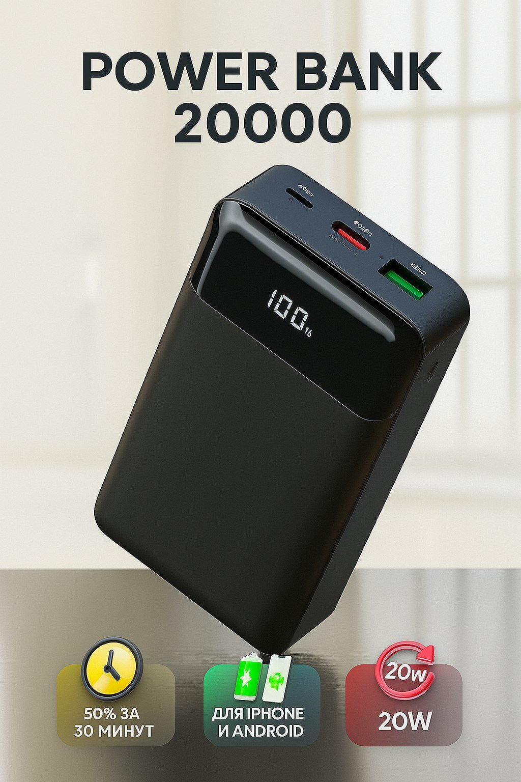 Повербанк Hoco J102A 20000 mAh с быстрой зарядкой powerbank внешний портативный аккумулятор