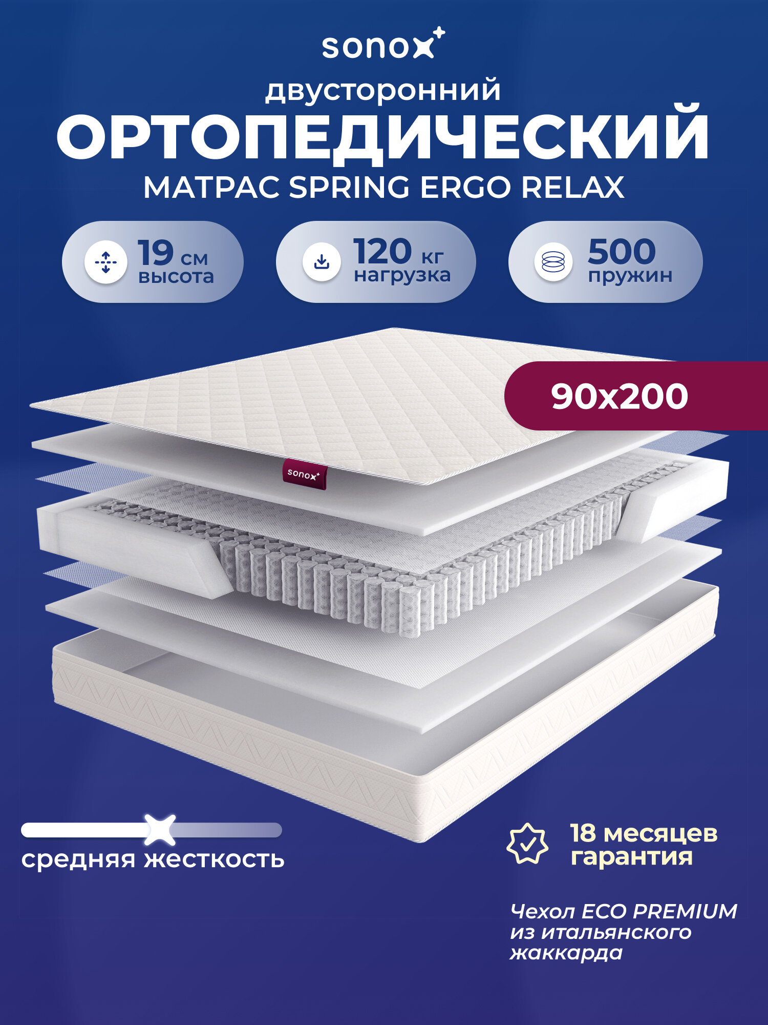 Матрас на кровать ортопедический SONOX Spring Ergo Relax (Вента)90х200 двухсторонний