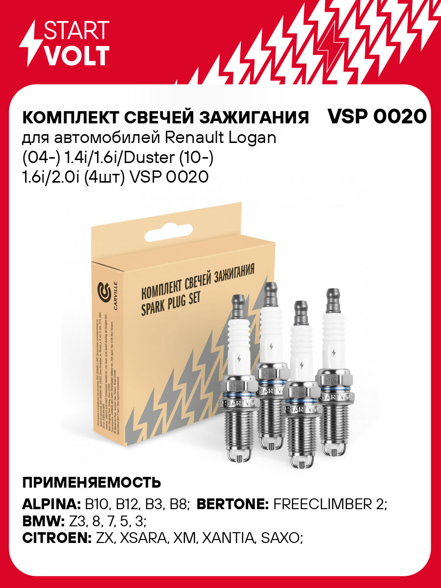 Комплект свечей зажигания для автомобилей Renault Logan (04-) 1.4i/1.6i/Duster (10-) 1.6i/2.0i (4шт) VSP 0020 StartVolt