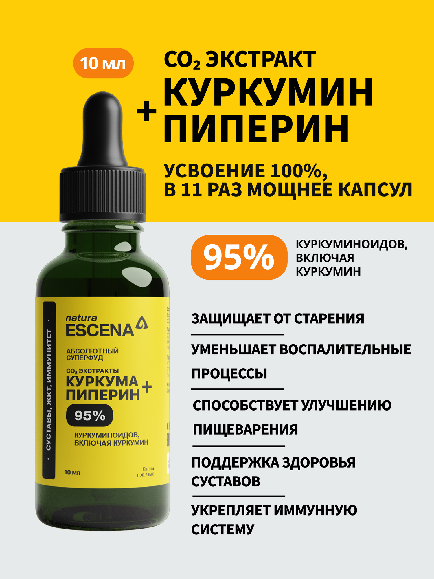 Куркумин с Пиперином. Суперфуд. Антиоксидант, Противовоспалительное, ЖКТ, Суставы, Иммунитет. 10 мл. Пищевая добавка. фото