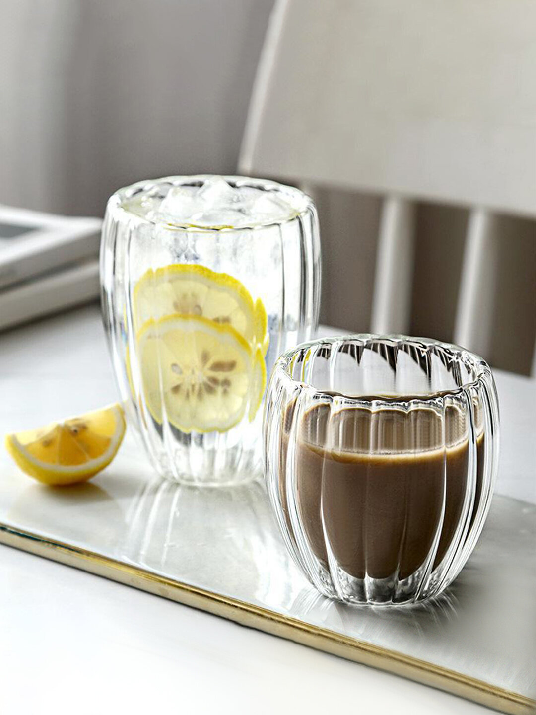 Стеклянный стакан с двойным дном, 1 шт в комплекте, ударопрочный, стильный, для горячих напитков — фото 1