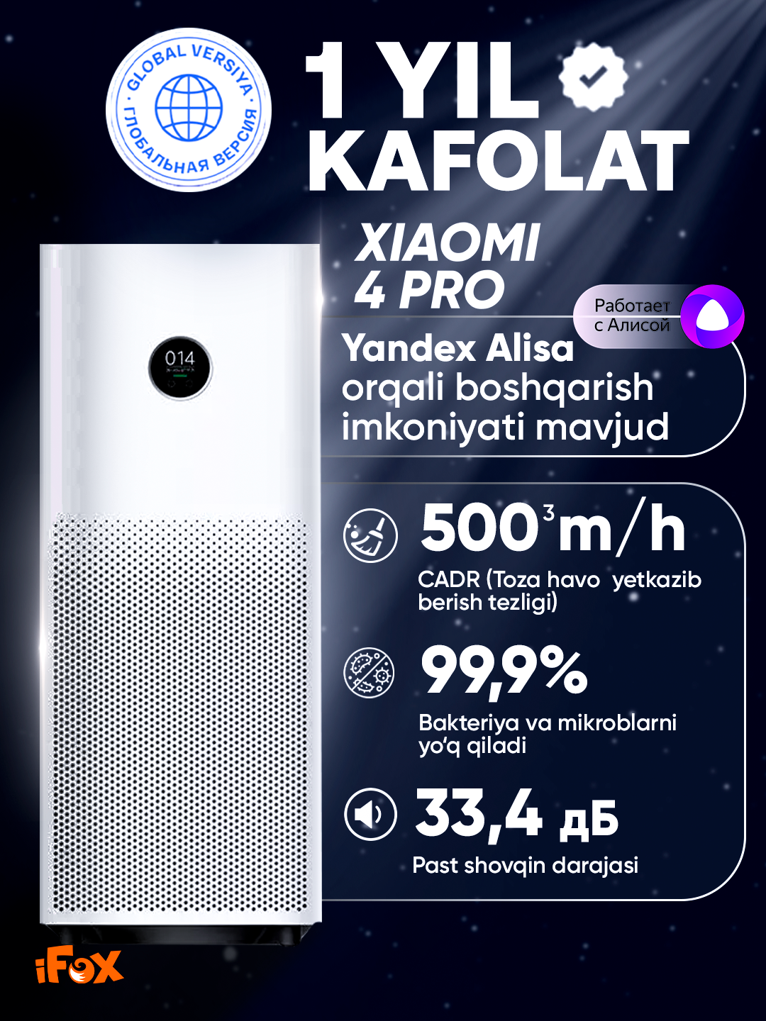 Очиститель воздуха Xiaomi Mi Air Purifier 4pro, 60м², управление со смартфона