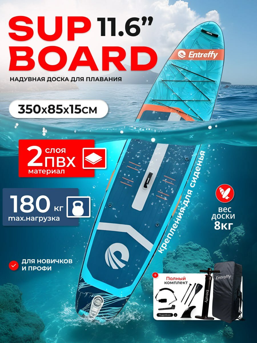 Сапборд Entroffy надувной двухслойный, 350 см 180 кг, голубой, с веслом, Supboard, SUP доска для отдыха и рыбалки