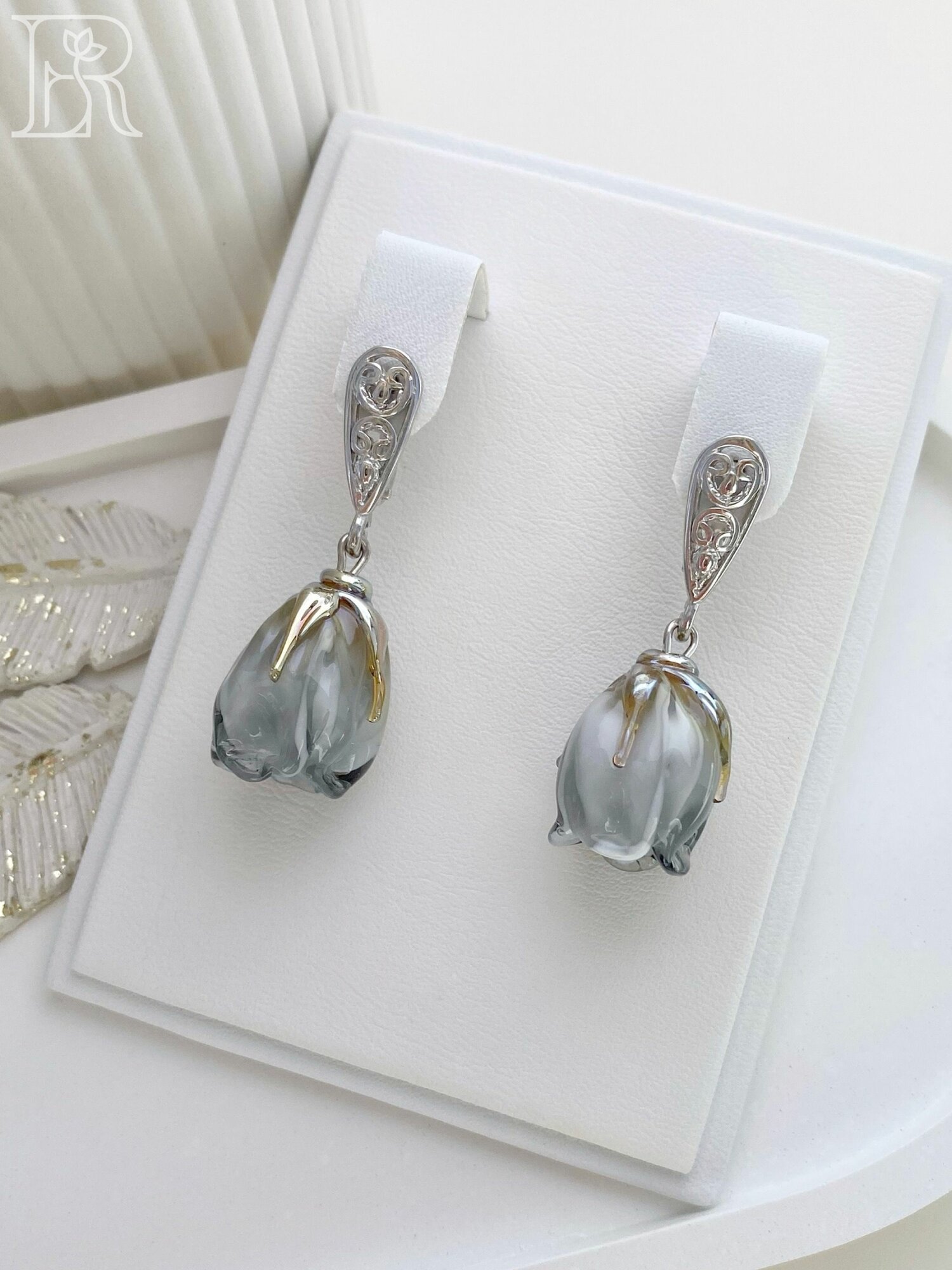 Серьги LEFIREL', серебро, 925 проба, родирование, муранское стекло, , серый