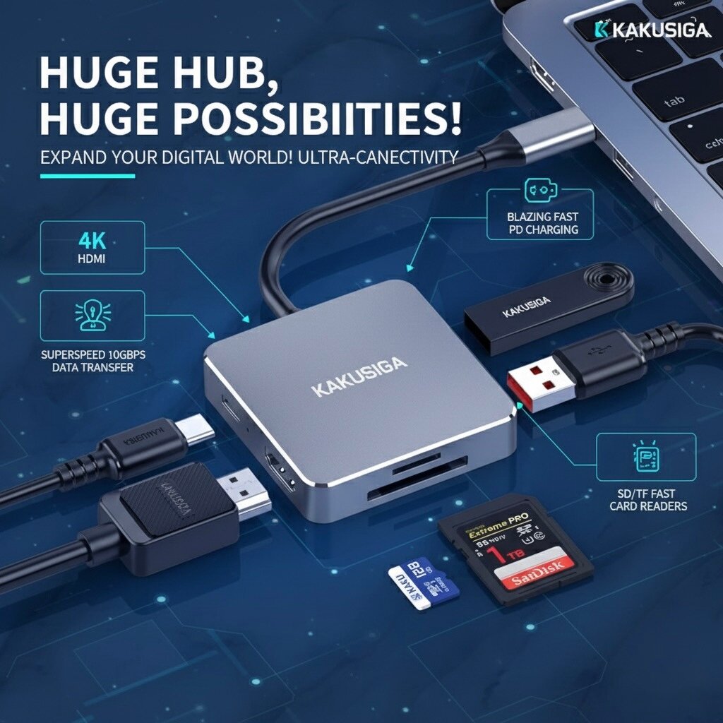 Многофункциональный адаптер Kakusiga 6-в-1 (PD 100 Вт, 4K UHD), высокоскоростной