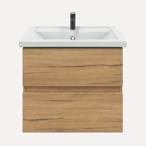 Изображение товара Тумба с раковиной SanStar Lavanti 60 подвесная, 61 см, светлое дерево, матовая, из ЛДСП, с ящиками, раковина для ванной, фарфоровая, прямоугольная, встроенный слив-перелив