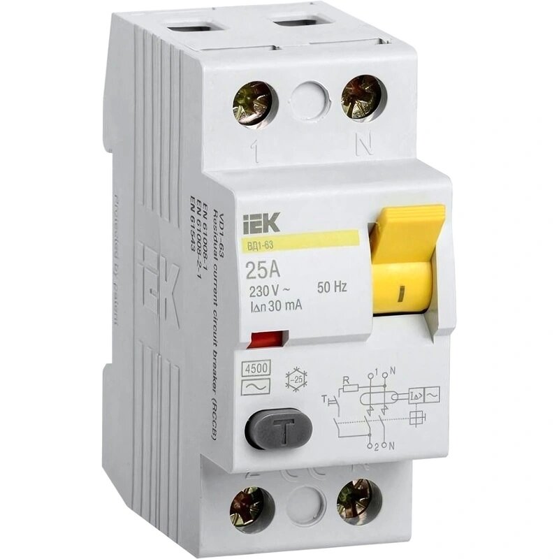 УЗО выключатель дифференциального тока IEK ВД1-63 2п 25А 30мА AC (MDV10-2-025-030)