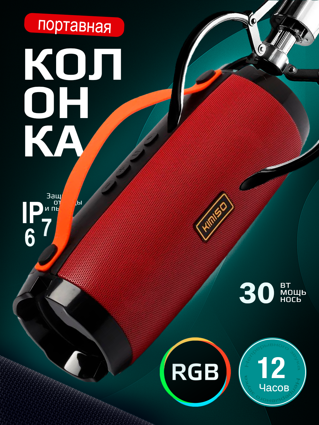 Портативная колонка KIMISO KMS-202, Bluetooth 5.0, 10 Вт, стерео звук, 1500 мА·ч, USB/FM/TF/AUX, до 4 часов работы