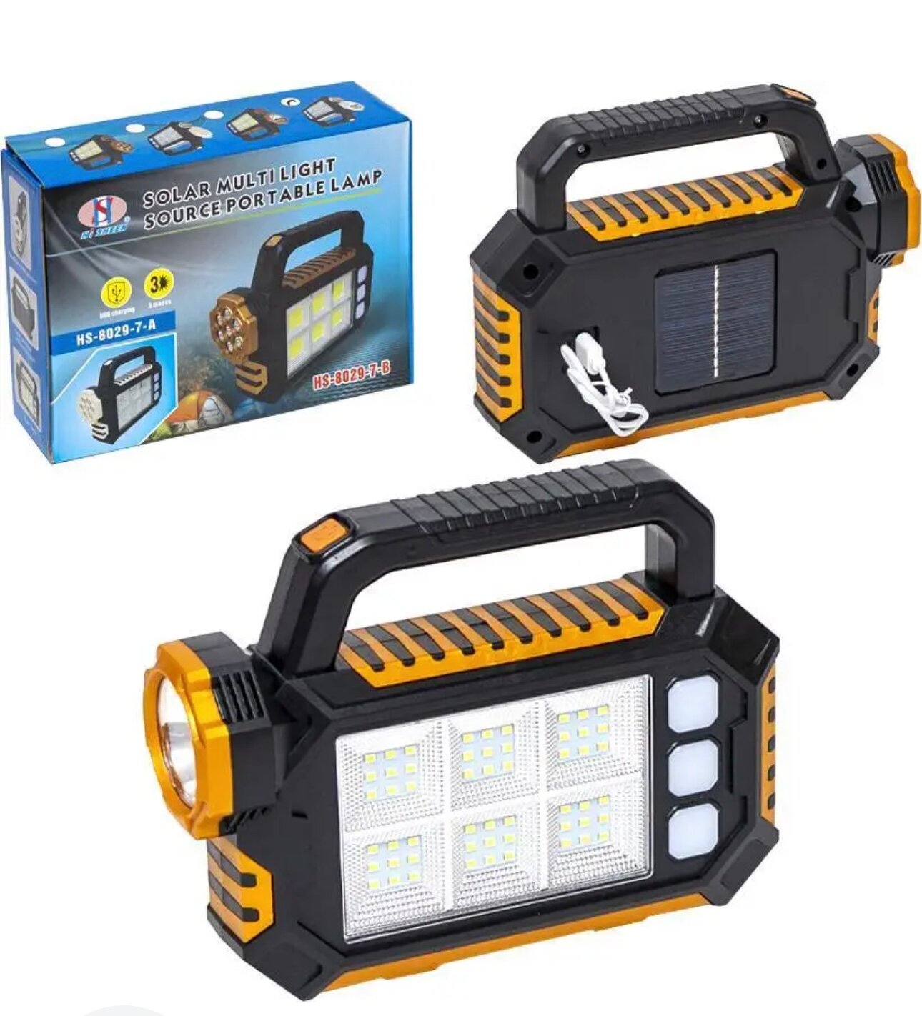 Фонарь ручной на солнечной батарее с боковой панелью LED лампа 3 режима освещения