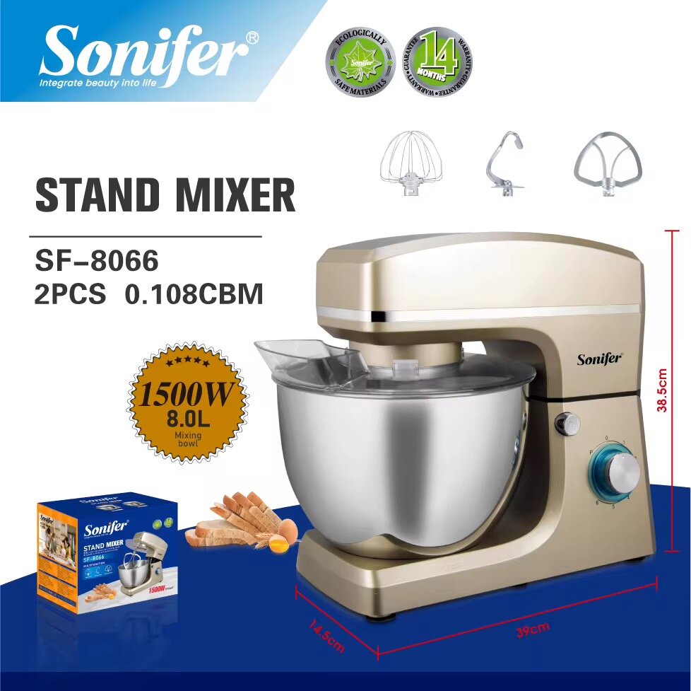 Миксер Sonifer SF-8066, планетарный, нержавеющая сталь, 8л, 1500Вт, 6 скоростей