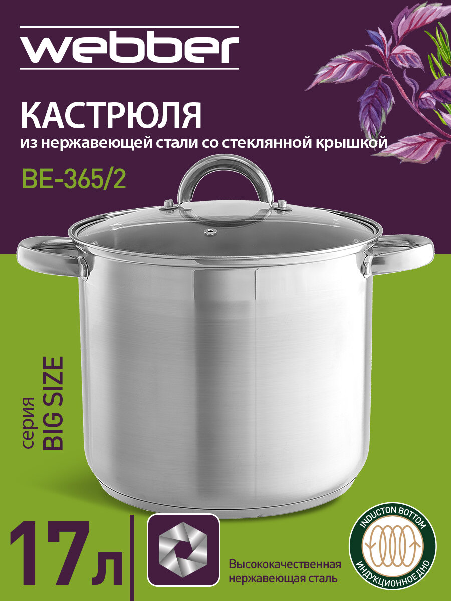 Кастрюля из нержавеющей стали 17 литров Webber BE 365 2  со стеклянной крышкой