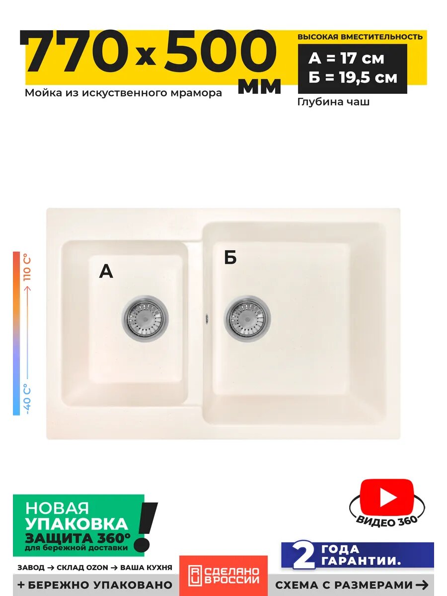 Мойка для кухни GranRus, с двумя чашами, 77x50 см, каменная, цвет молочный